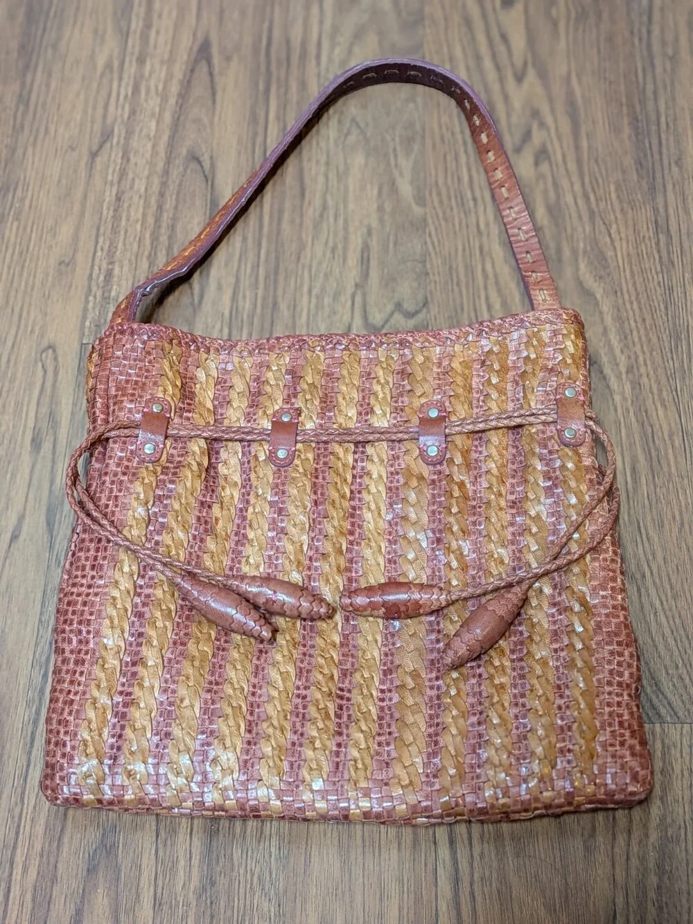 Martina Caponi Italy Brown Woven Braided Leather Bag Hobo Drawstring Polka Dot